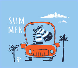 Zebra car funny cool summer t-shirt print design. Road trip on cabriolet automobile. Slogan. Drive vacation
