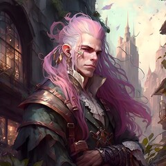 male magic beeing witch elemental noble pointy ears white to pink hair long hair pulled back hair pulled back clean face pink goatee jewelery fantasy noble dress dress colors are gold pink white and 