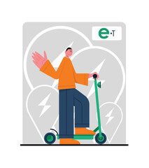 Young man riding electric scooter in city, using urban eco-friendly transport. E-transport concept. Contemporary vehicle rental services, company rating. Flat vector illustration