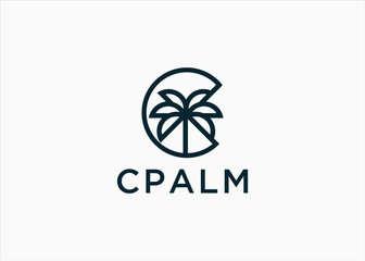 initial c with palm logo design vector silhouette illustration