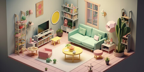 living room interior decoration in the style of cartoon render. Created with Generative AI technology. 