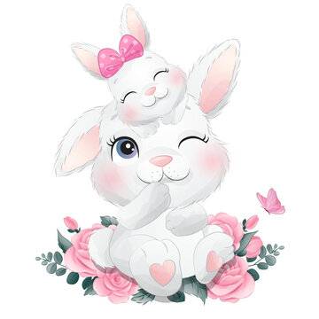 Cute rabbit and baby rabbit with roses wreath  watercolor illustration