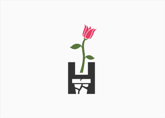 initial h with flowerpot logo design vector silhouette illustration