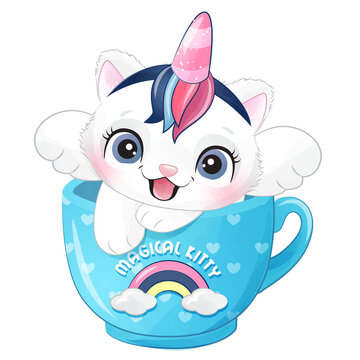 Cute cat unicorn in a cup watercolor illustration