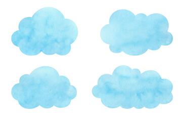 A set of watercolor, light blue clouds, speech bubbles of various shapes, isolated on a white background. Drawn by hand. Window for dialogue. Watercolor, texture spots. Element for design, decoration.