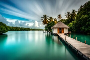 Fototapeta na wymiar Water bungalow. Sunset on the islands of the Maldives. A place for dreams. 