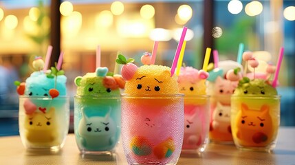 Fototapeta premium happy summer vibe cute mocktail glass, happy group of mocktail juice, Generative Ai