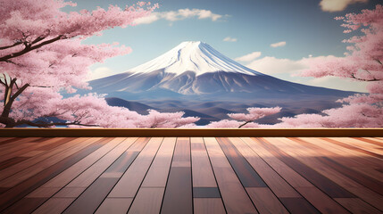 wooden floor with Fuji mountain and cherry blossoms in spring.