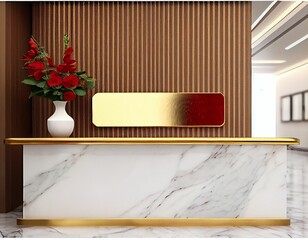 Empty gold marble company name plate in elegant and luxury interior ready for mockup.  Generative AI.