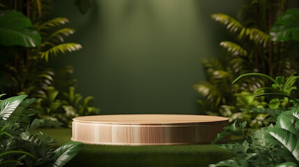 Fototapeta na wymiar Wooden podium in tropical forest for product presentation and green background.