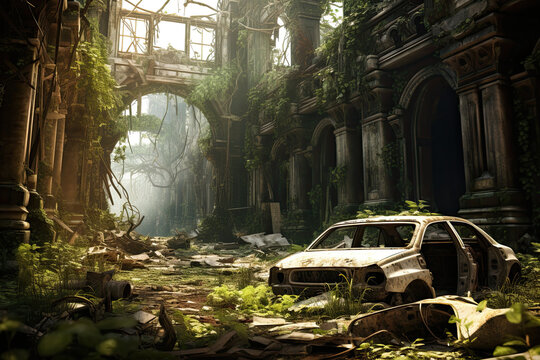 Post - apocalyptic world reclaimed by nature, with crumbling ruins overgrown with lush vegetation, and wildlife roaming freely amidst the remnants of human civilization