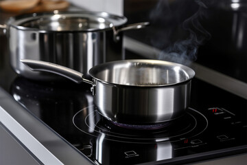 Photo metal pot on induction hob in modern kitchen. modern kitchen pot cooking induction electrical...