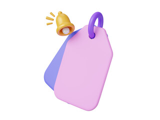 Pink discount coupon for online shopping with Bell notification and Empty copy space on white background.Online sales concept Profitable business.3D voucher gift mock up icon,discount card.3D render