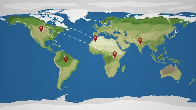 World map with Heathrow on US to another country global destination location concept. Motion graphics animation 4k