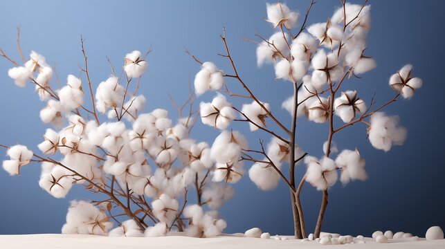 Branch white fluffy cotton flowers flat lay. Delicate light beauty cotton background. Natural organic fiber, agriculture, cotton seeds, raw materials for making fabric copy space generative ai