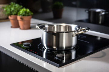 Photo metal pot on induction hob in modern kitchen. modern kitchen pot cooking induction electrical stove hob concept