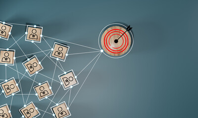 Wooden cube block print screen person icon which link connection network for organisation structure social network and teamwork concept.