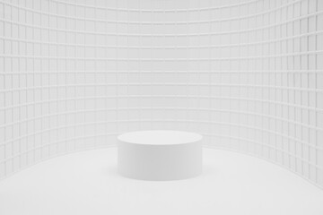 Abstract white stage mockup as curved alcove, one cylinder podium in soft light, tiny mosaic tile in mediterranean style, template for presentation cosmetic products, spa, goods, advertising, showing.