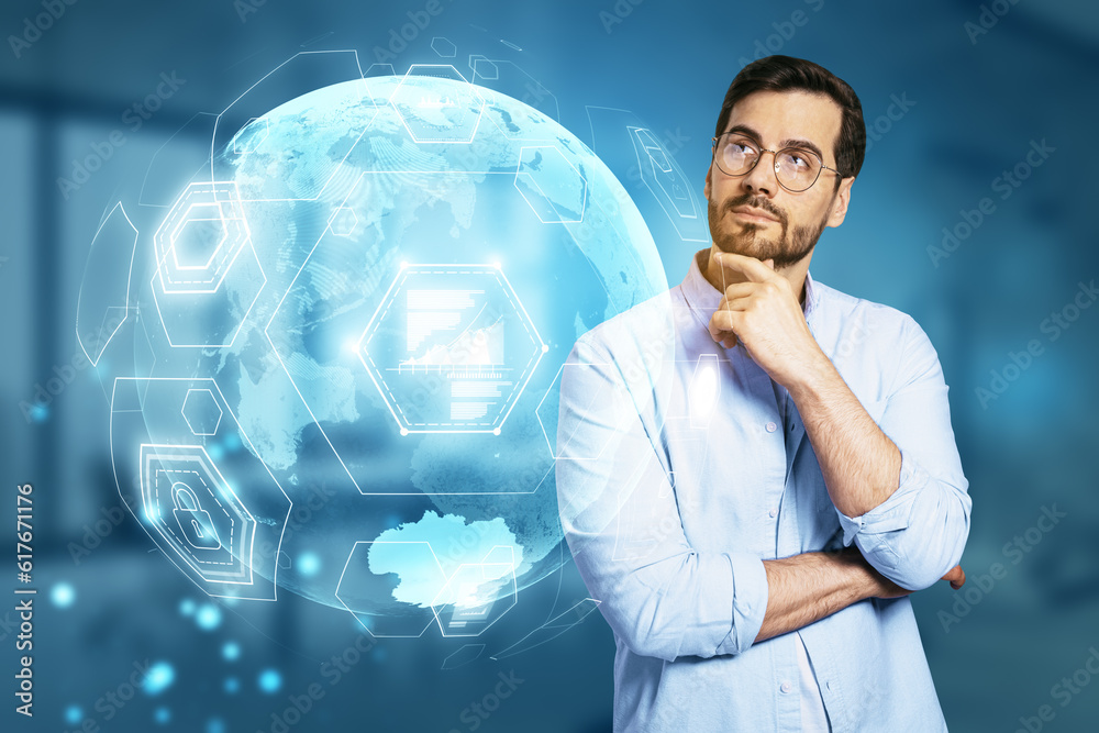 Aufkleber digital business globe hologram on blurry background. global technology, finance and web safety conc
