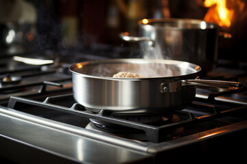 photo small metal pan on the stove in the kitchen
