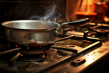 photo small metal pan on the stove in the kitchen