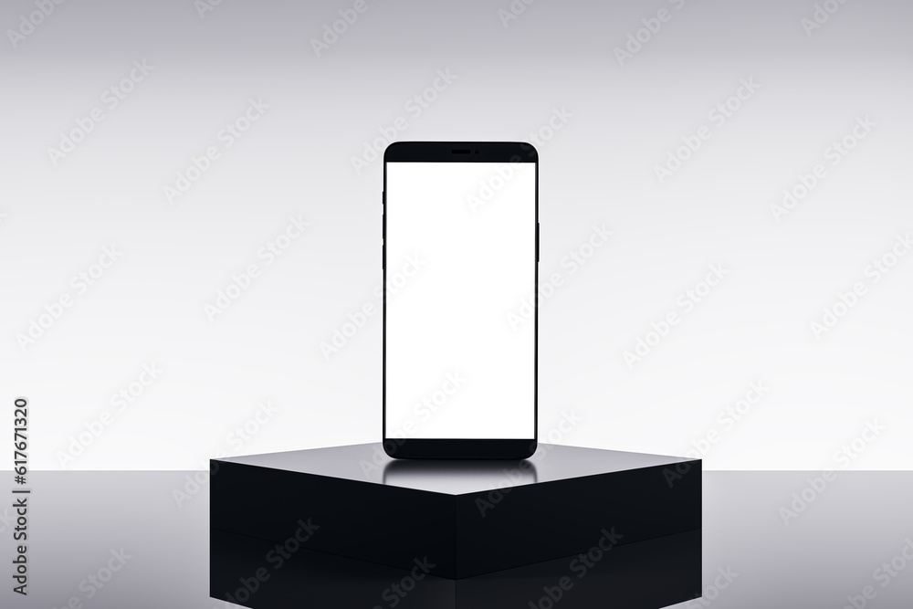 Poster empty white smartphone on pedestal and light background with mock up place. product placement, techn