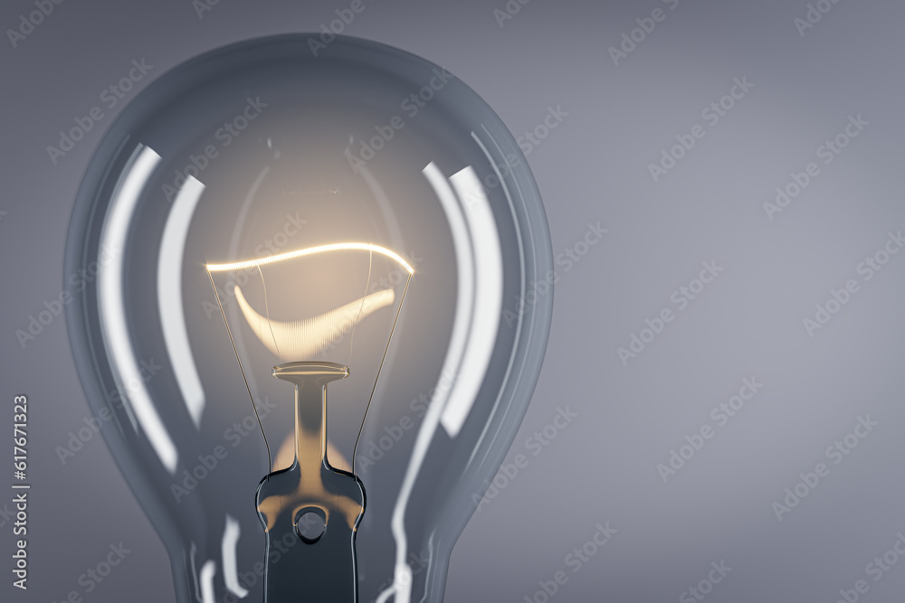 Poster Creative glass light bulb with reflections and mock up place on gray backdrop. Idea, success and innovation concept. 3D Rendering.