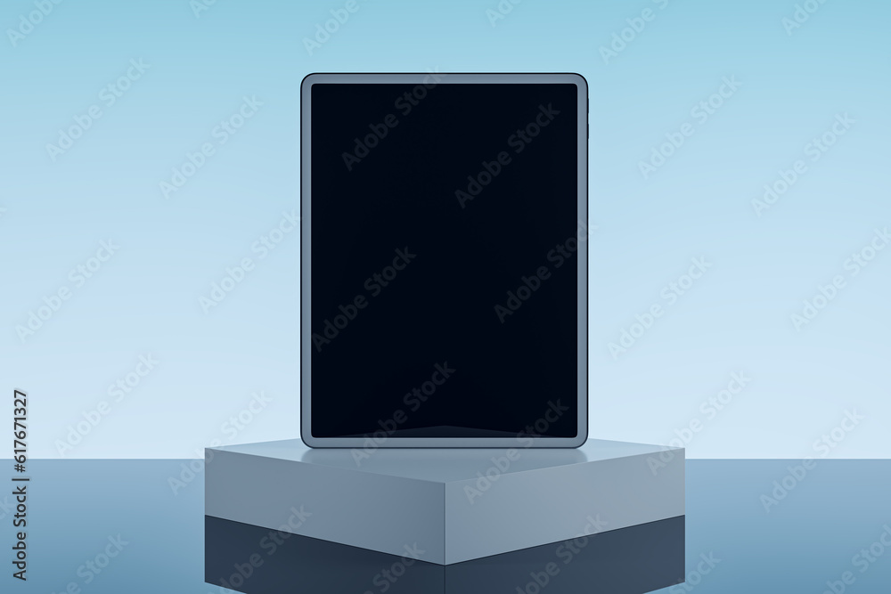 Aufkleber empty tablet on pedestal and light blue background with mock up place. product placement, technology