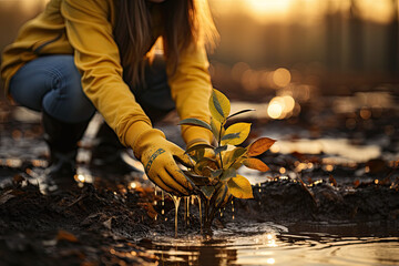 Obraz premium Close-up of hygienic gloved hands planting a tree,ai generative.