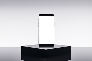 Empty white smartphone on pedestal and light background with mock up place. Product placement, technology presentation concept. 3D Rendering.