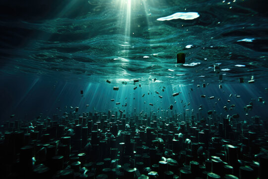 The image depicts the distressing sight of a polluted underwater environment filled with various plastic waste