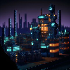Sega Dreamcast style industrial cityscape skyline at night with realistic yet pixelated floor texture night skybox rendered game models 