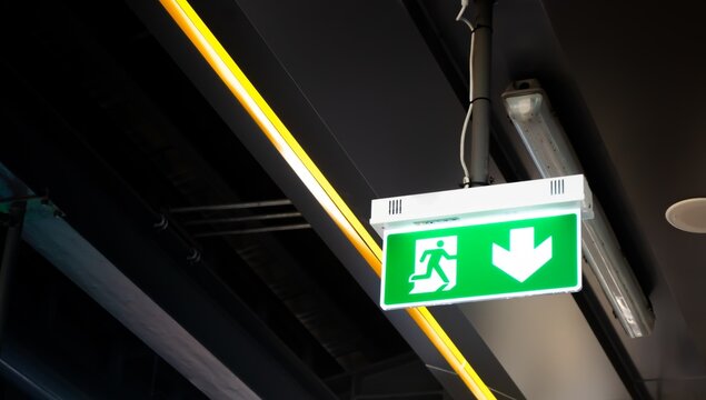 Close-up Exit neon or led sign at Sky train platform. Lighted hang on ceiling shining signboard show escape of emergency, urgency, firer sign.