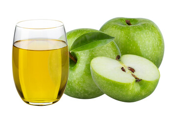 Fresh green apple and apple juice isolated on a transparent background