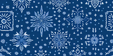 Fototapeta na wymiar Winter banner in flat cartoon style, white abstract snowflakes on blue background. Generative ai