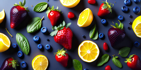 Fruity background with bright fruits of summer, mint leaves, lemon, orange, juicy strawberries and blueberries. Fruity summer concept. top view. Generative ai
