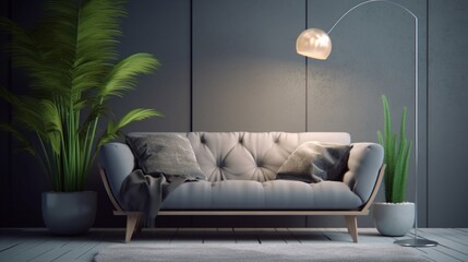 A modern grey sofa with comfortable pillows and a tasteful plant pot .Ganerative AI.