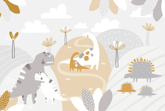 Vector children hand drawn mountain and cute dinosaurs illustration in scandinavian style. Mountain landscape, clouds. Children's tropical wallpaper. Mountainscape, children's room design, wall decor. © ZHUKO