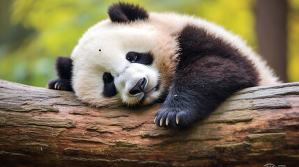 Obraz na płótnie Canvas Lazy Panda Bear Sleeping on a Tree Branch