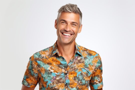 Smiling Middle Aged Man In Shirt Looking At Camera Over White Background