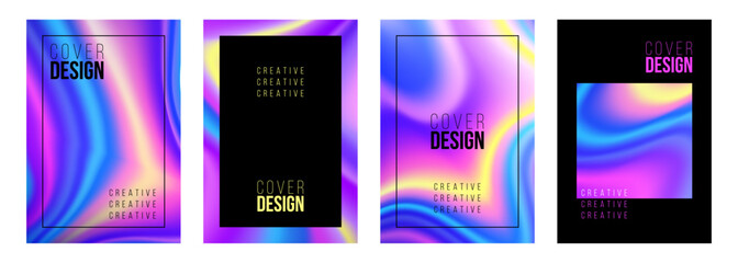 Fototapeta premium Set of cover designs. Abstract backgrounds with bright dynamic holographic gradients and black color. Graphic templates. Vector illustration.