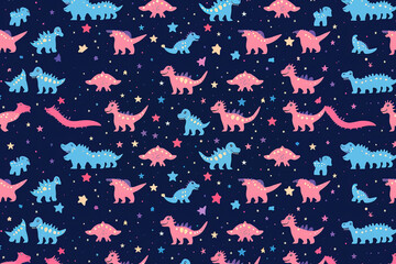 Fototapeta premium Motif sans couture avec dinosaure sur fond coloré. Illustration vectorielle pour impression sur tissu, carte postale, papier d'emballage, produits cadeaux, papier peint, vêtements. Fond de bébé mignon
