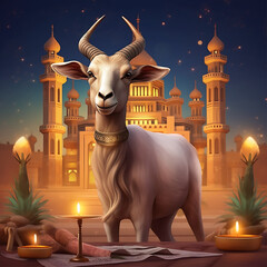 A festive poster with a goat in front of a mosque in the deser