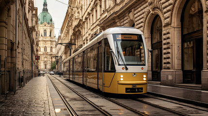 Naklejka na ściany i meble Line tram between buildings in Budapest Hungary