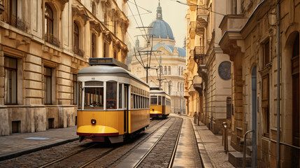 Naklejka na ściany i meble Line tram between buildings in Budapest Hungary
