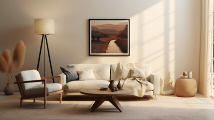 Stylish Living Room Interior with Mockup Frame Poster, Modern interior design, 3D render, 3D illustration