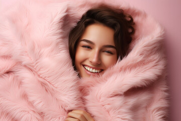 Young woman wrapped warmly in a fluffy dressing grown against the winter cold, headshot, isolated