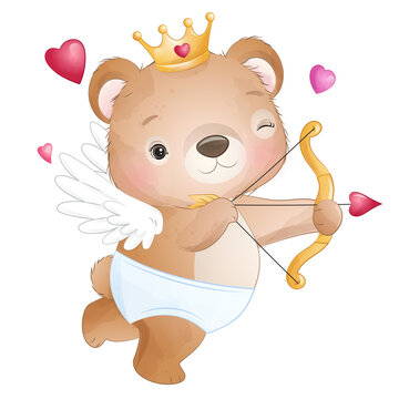 Cute Angel Cupid Bear Happy Valentine watercolor illustration
