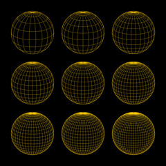 Globe grid spheres. Striped 3D spheres, geometry globe grid, earth latitude and longitude line grid vector symbol set. Spherical grid globe shapes. Illustration globe striped, global geography surface