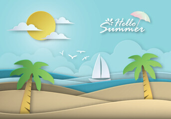 Fototapeta na wymiar Paper cut art. 3d style. A beautiful sunny summer card. Hello summer. Tropical island. Vacation, travel on a sailboat